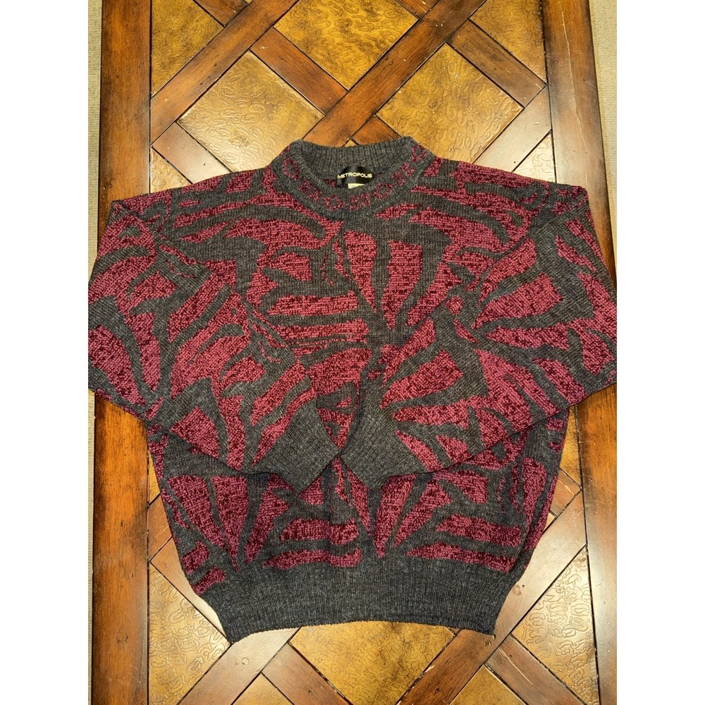 Metropolis Sweater Mens XL Red Gray Geometric Wool Blend Crew Neck Vintage